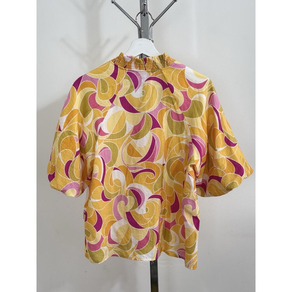 THML Women’s Yellow Pink Abstract Swirl Puff Sleeve V-Neck Blouse Top Size M - Picture 5 of 13